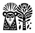 Stylized Monkey and Tree Illustration in Black and White Royalty Free Stock Photo
