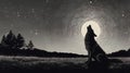 Stylized monochrome illustration of a howling wolf in a dense pine forest under a glowing full moon with starry sky Royalty Free Stock Photo