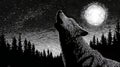 Stylized monochrome illustration of a howling wolf in a dense pine forest under a glowing full moon with starry sky Royalty Free Stock Photo