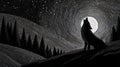 Stylized monochrome illustration of a howling wolf in a dense pine forest under a glowing full moon with starry sky Royalty Free Stock Photo