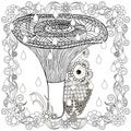 Stylized monochrome owl cuple is hiding under mushroom from the rain in flower frame, doodle style anti stress stock