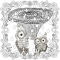 Stylized monochrome owl cuple is hiding under mushroom from the rain in flower frame, doodle style anti stress