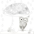 Stylized monochrome owl is hiding under mushroom from the rain