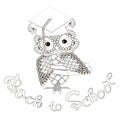 Stylized monochrome owl at student cap, lettering Backto School doodle style anti stress