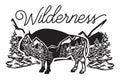 Stylized monochrome vector illustration with bison and forest