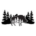 Stylized monochrome vector illustration with boar and forest