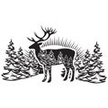 Stylized monochrome vector illustration with deer and forest