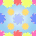 Stylized multicolored flowers on a gradient blue background.