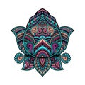 Stylized multicolored ornamental Lotus flower, ethnic art, patterned Indian paisley. Hand drawn illustration. Invitation el