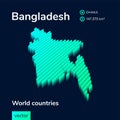 Stylized neon digital isometric striped vector map of Bangladesh, with 3d effect.