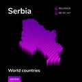 Stylized neon digital isometric striped vector Serbia map with 3d effect.