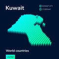 Stylized neon simple digital isometric striped vector Kuwait map, with 3d effect.