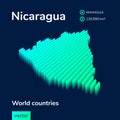 Stylized neon simple digital isometric striped vector Nicaragua map, with 3d effect.