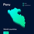 Stylized neon simple digital isometric striped vector Peru map, with 3d effect.