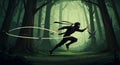A stylized ninja, dressed in black with a mask and headband, sprints through a dense Royalty Free Stock Photo