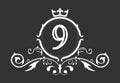 Stylized number 9. Ornament and crown monogram template for business cards, logos, emblems and heraldry designs