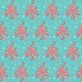 Stylized octopus and bubbles vector seamless pattern. Ornate Sea Inhabitants seamless texture