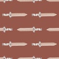 Stylized old historu seamless pattern with sword ornament. Grey colored middle ages elements on pale maroon background Royalty Free Stock Photo