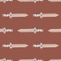 Stylized old historu seamless pattern with sword ornament. Grey colored middle ages elements on pale maroon background