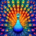 A stylized op art peacock with surreal neon feathe, Generative AI