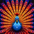 A stylized op art peacock with surreal neon feathe, Generative AI