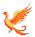 Stylized orange phoenix in flight with elegant wings and tail. Mythical fire bird rising, symbol of rebirth. Majestic