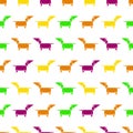 Stylized orange, violet, yellow, green dog seamless pattern on white background