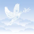 Stylized ornamental white pigeon with olive branch on blue sky background