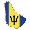 Stylized outline map of Barbados with national flag icon. Flag color map of Barbados vector illustration