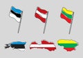 Stylized outline maps of estonia, latvia, lithuania with national flags icons. flag color map of baltic countries.
