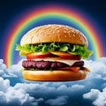 humongous hamburger floating in the sky, surrounded by clouds and rainbow