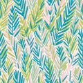 Stylized palm tree leaves in blue and pink colors. Seamless pattern for summer fabric design