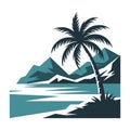Stylized Palm Tree Overlooking Teal Water and Mountains tropical island. Royalty Free Stock Photo