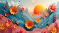 Stylized paper art landscape with colorful flowers and sun. A cheerful, artistic representation of hills and flowers Royalty Free Stock Photo