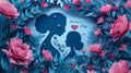 Stylized paper cut-out of a mother and child silhouetted against a heart, surrounded by a flurry of pink flowers and butterflies G