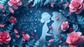 Stylized paper cut-out of a mother and child silhouetted against a heart, surrounded by a flurry of pink flowers and butterflies G