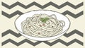 Stylized pasta dish illustration set on a decorative mat with a bold, repeated chevron pattern, vector design Generative AI Royalty Free Stock Photo
