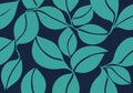 Stylized pattern featuring overlapping teal leaves with dark outlines on a dark blue background. Royalty Free Stock Photo
