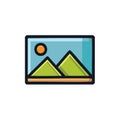 Stylized picture icon with a mountain and sun landscape scene illustration Royalty Free Stock Photo