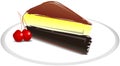 Stylized piece of cake with cherries isolated