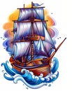 A stylized pirate ship with billowing sails, bold lines, and exaggerated features, isolated on a transparent background Royalty Free Stock Photo