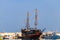 Stylized pirate yacht in marina harbor in Kemer, Turkey