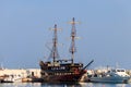 Stylized pirate yacht in marina harbor in Kemer, Turkey