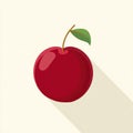 Single Red Cherry With Green Leaf and Stem Casts Long Shadow on Pale Yellow Background Flat Design Royalty Free Stock Photo