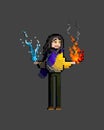 Stylized surprised mage practicing magic. Raster multicolored illustration on dark background. Original pixel art person