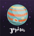 Stylized planet Jupiter on dark space background with stars.