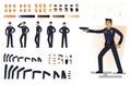 Stylized policeman, flat vector illustration. Set of different elements, emotions, gestures, body parts for character animation