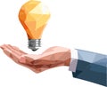 Stylized polygonal hand presenting a luminous light bulb on a clean white background, symbolizing breakthrough thinking, Royalty Free Stock Photo