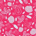 Stylized pomegranate and leaves doodle on bright pink background.