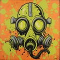 Stylized pop art gas mask illustration with green and black on an orange splattered background. Royalty Free Stock Photo